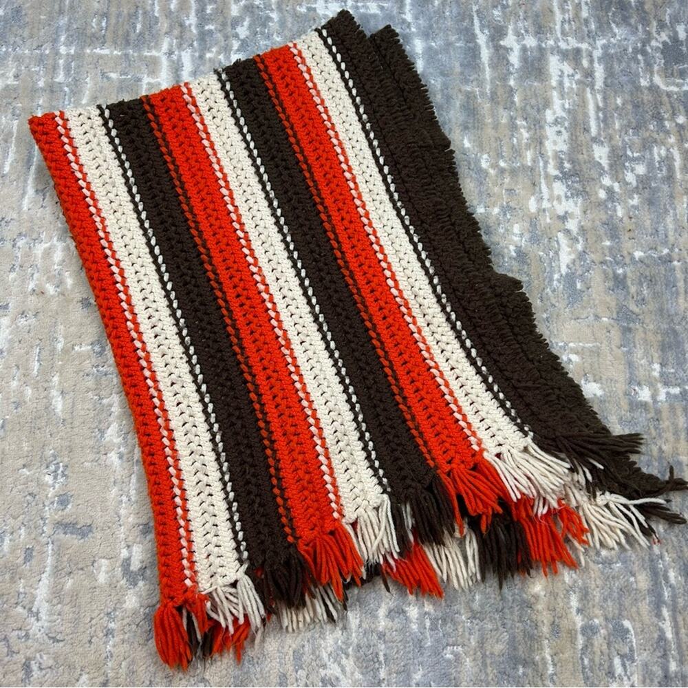 Vintage 70’s Orange Cream Brown Crotchet Fringe Afghan Throw 41”x54”